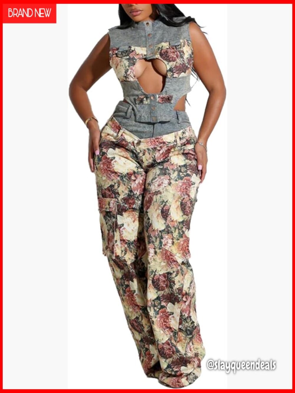 Women's 2 Piece Outfits Sleeveless Hollow Out Crop Top and Cargo Pants Set
